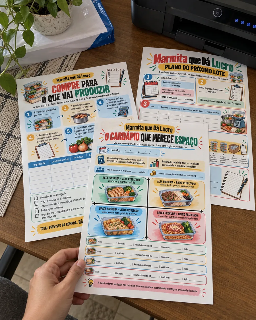Material impresso do marmita que da lucro sendo usado de verdade